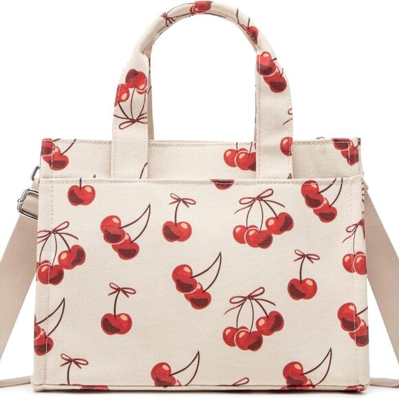Handbags - Lightweight Women's Cherry Print Canvas Crossbody Tote – Stylish & Functional